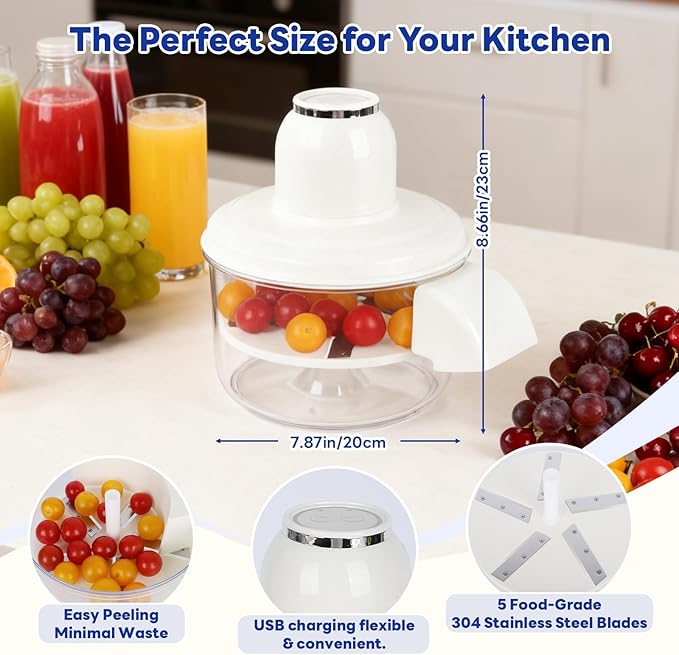 Automatic Grape Peeler Machine, Electric Garlic & Cherry Tomato Peeler Skin Remover Tool for Small Fruits, Effortless Peeling for Home Kitchen (White-1PC)