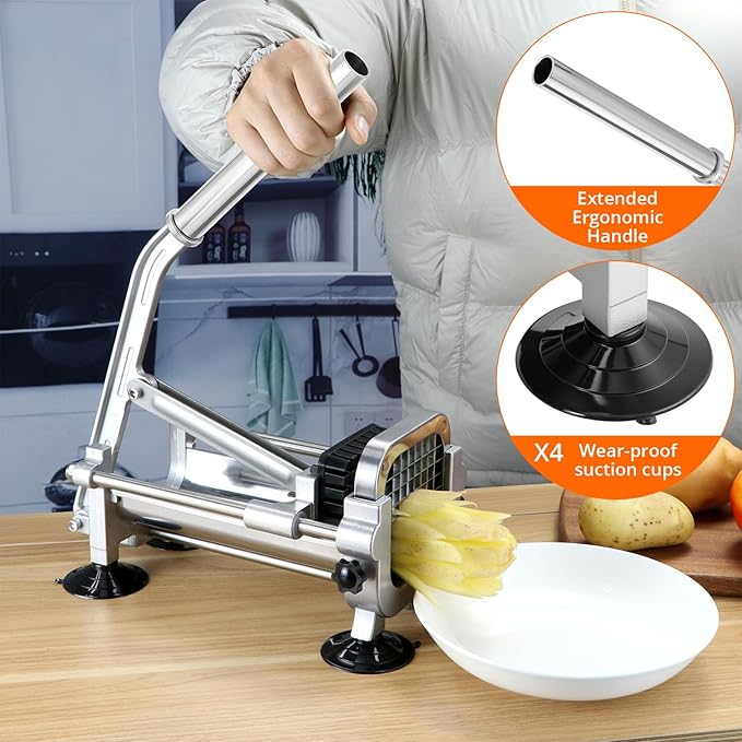 QWORK Stainless Steel French Fry Cutter with 1/2, 3/8 & 1/4 Blades – Compact Lever Slicer for Potatoes, Carrots & Yams