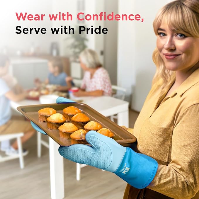 Kitchen Mama UltraShield Silicone Oven Mitts – Heat Resistant, Non-Slip Surface, Durable, Safe, Pot Holders, Flexible Waterproof Glove Set, Perfect for Cooking, Baking, Grilling, BBQ (Blue)