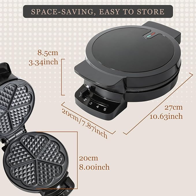 UVFAST Heart Waffle Maker, Heart Shaped Waffle Iron 5 Slices, Mini Waffle Makers with 8'' Non-stick Plates, Adjustable 5 Browning Control, Cool Touch Handle, Easy to Clean, Valentine's Day Gift, 1000W