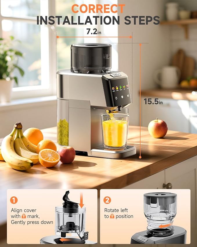 Cold Press Juicer with Large 5.12" Feed Chute- Slow Masticating Technology for Nutrient Retention, Quiet Motor, High Juice Yield, Leakproof Base- Perfect for Fruits Vegetables & Leafy Greens