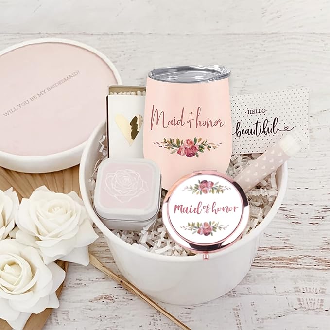 CARAKNOTS Maid of Honor Gifts Wedding Tumbler Bridesmaid Proposal Gifts Maid of Honor Wine Tumbler for Engagement Bachelorette Party Pink Stainless Steel Tumblers with Lid and Straw 12 oz