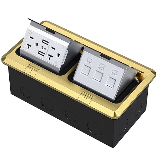 KYHSHJ Dual Pop-Up Floor Electrical Outlet Box Kit，20 Amp Stainless Steel USB TR Receptacle Outlet，3-Port RJ45 Datacom Receptacle，Waterproof Gasket with IP44 Waterproof Rating, ETL Listed, Brass