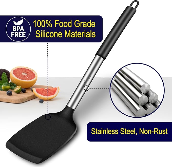 HOTEC Silicone Spatula Set of 2 Heat-Resistant 600°F & BPA-Free Kitchen SaptulaTurner with Stainless Steel Handles, Slotted & Solid Spatulas for Nonstick Cookware, 13.7 Inch, Black