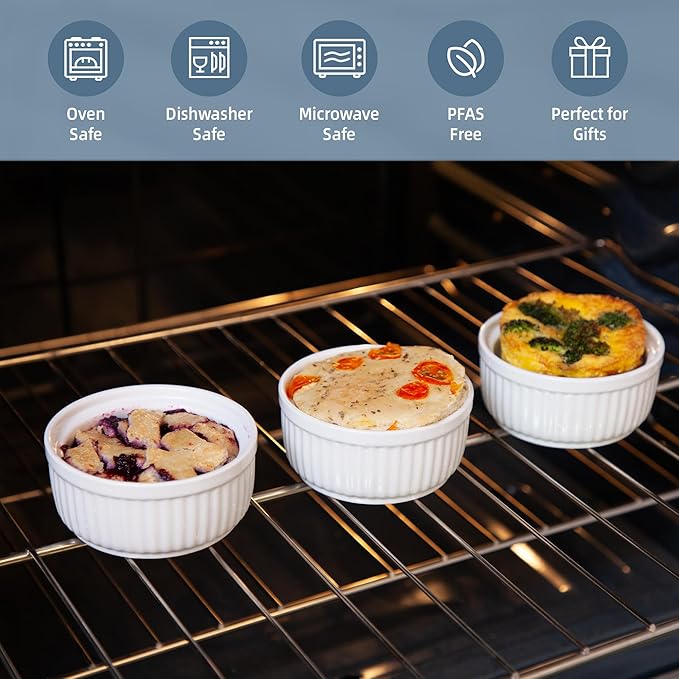 Nuwave 6pc Ceramic Ramekins w/Lid 8oz, Classic Elegant Style Ramekins, Bake Souffles, Creme Brulées, Custards, Puddings, 4.3” Wide & 2” Tall, Oven, Microwave & Dishwasher-Safe, PFAS Free, Ivory White