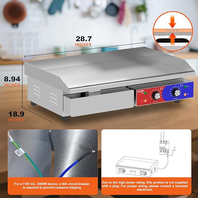 29’’ * 16’’ Commercial Electric Countertop Griddle -110V Flat Top Griddles w/ 122-572°F Adjustable Temperature and Non-Stick, 3000W Stainless Steel Electric Griddle w/ 10mm Thick Cast Iron