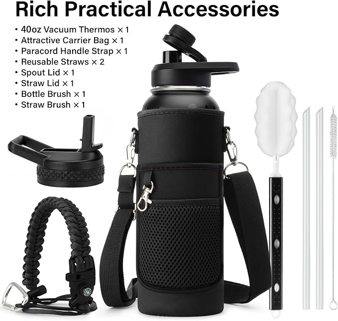 DYSANKY Insulated Water Bottle | Thickened Stainless Steel Vacuum Metal | Portable Sports Water Jug for Gym and Hiking with Straw, Carrier Bag, Handle Strap | BPA-Free 40 oz