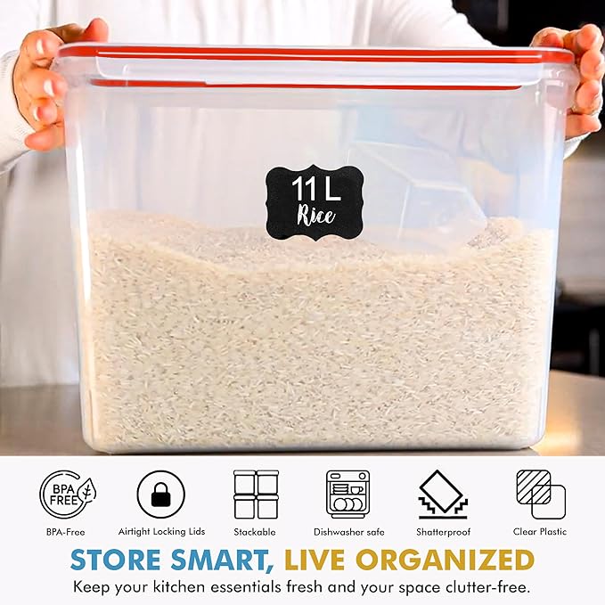 Shazo 2 PC (11L | 372 oz) Flour Sugar Storage Containers with Easy Carry Handle - Plastic Extra Large Food Storage Containers with Lids for Rice Cereal, BPA Free & Airtight Kitchen Pantry Organization