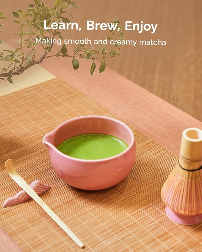 Maestri House Matcha Whisk Set, 7 Pcs Complete Matcha Kit with Spouted Ceramic Bowl, Bamboo Whisk & Holder, Scoop & Sifter, Tea Cloth – Ideal Gift for Matcha Lovers(Pink)