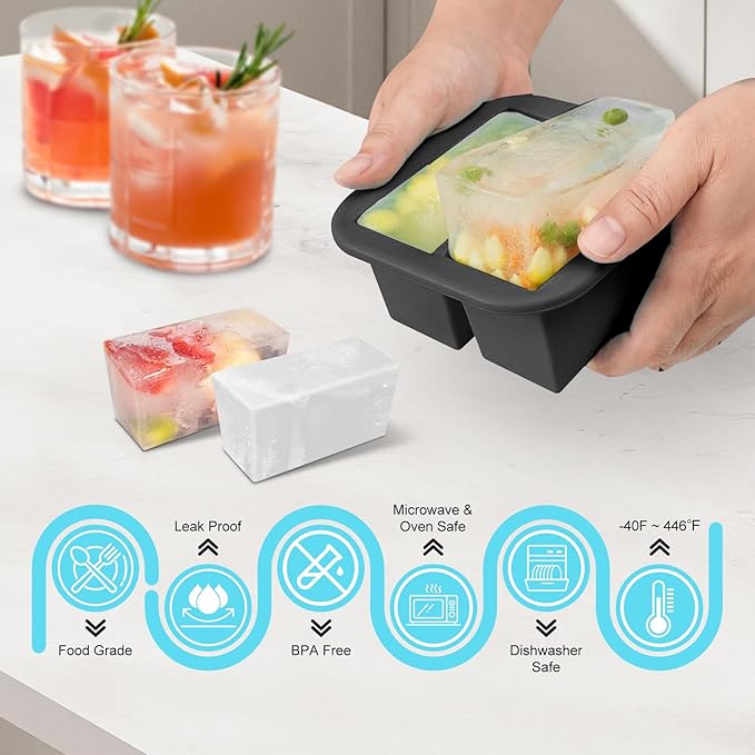 Silicone Freezer Tray with Lid 2 Pack Silicone Freezer Molds Ice Cube Tray Makes 4 Perfect 1 Cup Portions Soup Cubes Meal Prep Containers- Oven & Dishwasher Safe