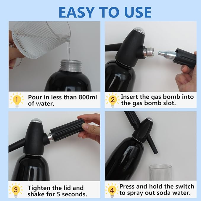 Soda Siphon,1L Sparkling Water and Soda Maker, Portable Carbonated Water Machine, Aluminium Soda Maker for Home & Outdoor, for Cocktails DIY Any Drinks,(8 gram CO2 Cartridges Not Included)