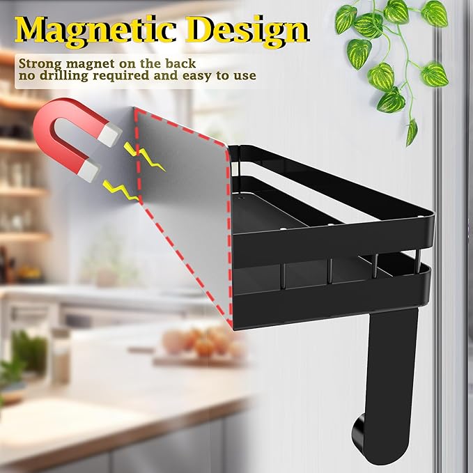 Paper Towel Holder Fridge Magnetic with Shelf - 2 Pack Paper Towel Holder Without Drilling + Magnet Spice Racks with 2 Kitchen Hanging Hooks Heavy Duty Space Saving, Black