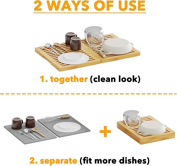 SpaceAid Foldable Stone Drying Mat for Kitchen Counter, Bamboo Rack Dish Pad, Instant Dry Diatomaceous Earth Mat Dishes, Stone Dish Fast Drying Mat Board (23.6 x 15.8 inch, Gray)