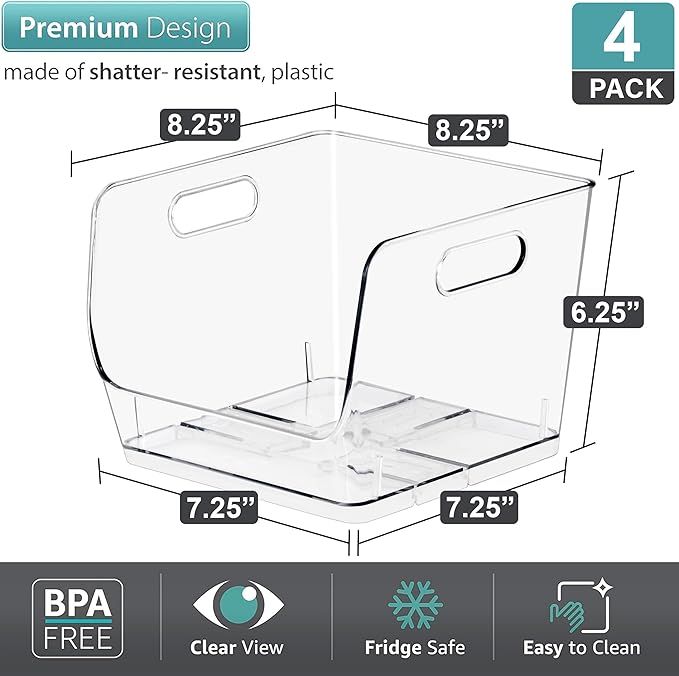 Sorbus Stackable Storage Bins Open Front, Clear Stackable Storage Bins, Pantry Bins for Storage and Organization, Acrylic Stackable Bins for Kitchen, Clear Pantry Organizer Bins (Medium Sqware 4 Pack)