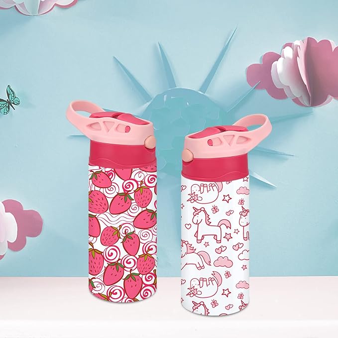 Kids Sublimation Tumbler,12oz Sublimation Water Bottle Blanks,Straight Stainless Steel Todder Sippy Cup,Double Wall Insulated Sippy Tumbler with Handle,Shrink Films,Leak Proof (Pink)