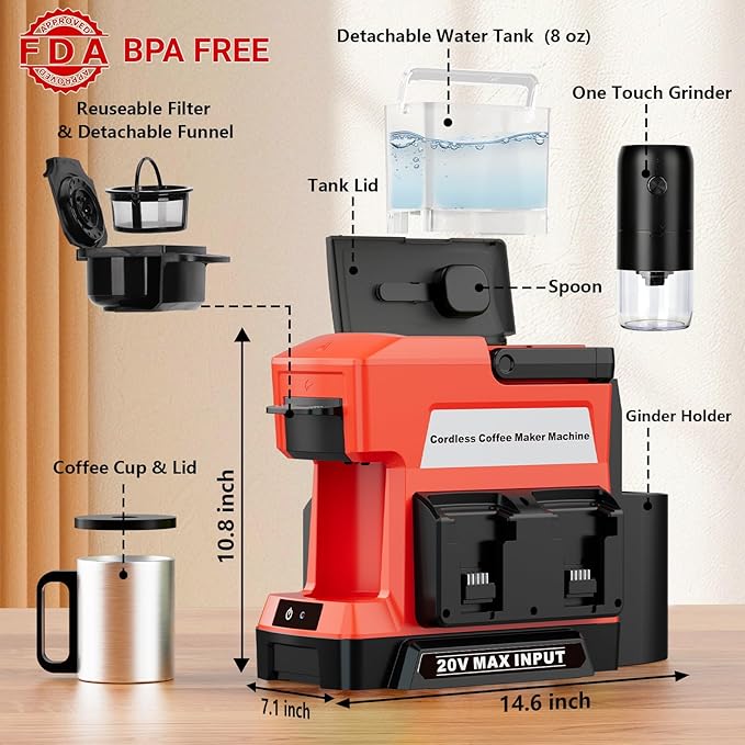 Cordless Coffee Maker for Milwaukee 18V Battery, 3 Brewing Options Drip Coffee Maker with Coffee Grinder, Portable Single Serve Coffee Makers for Camping, Travel, and Jobsite. (Tool Only)