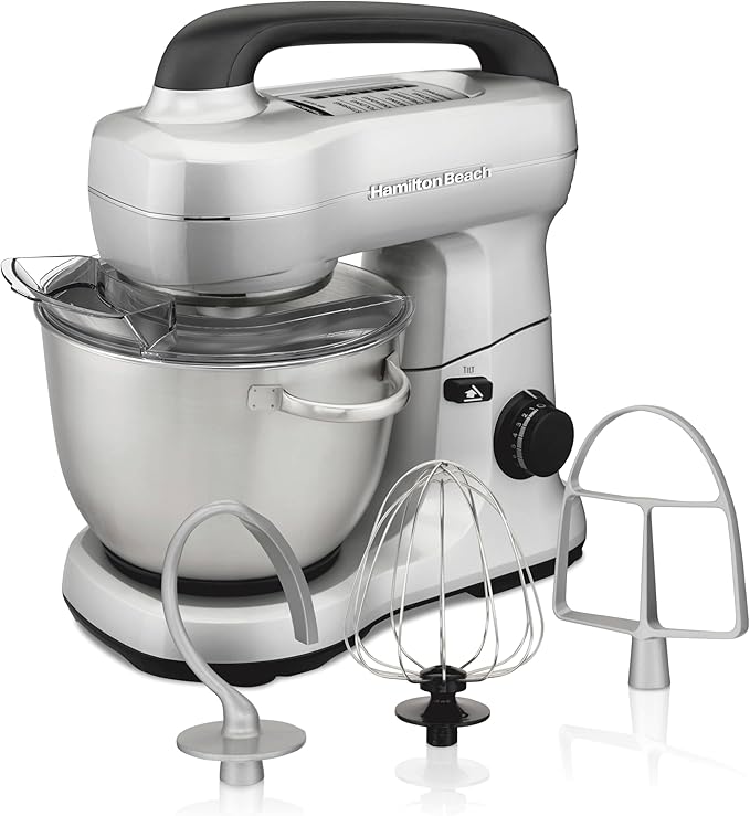Hamilton Beach Electric Stand Mixer, 4 Quarts, Dough Hook, Flat Beater Attachments, Splash Guard, 7 Speeds with Whisk, Easy-Carry Top Handle, Silver