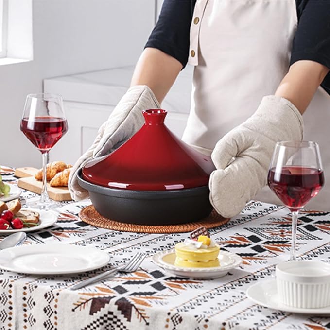 Moroccan Tagine for Cooking: Enameled Cast Iron Cooking Pot, Slow Cooker, Classic Kitchen Cookware, Tajine with Ceramic Cone-Shaped Closed Lid, 3.3 QT, Red