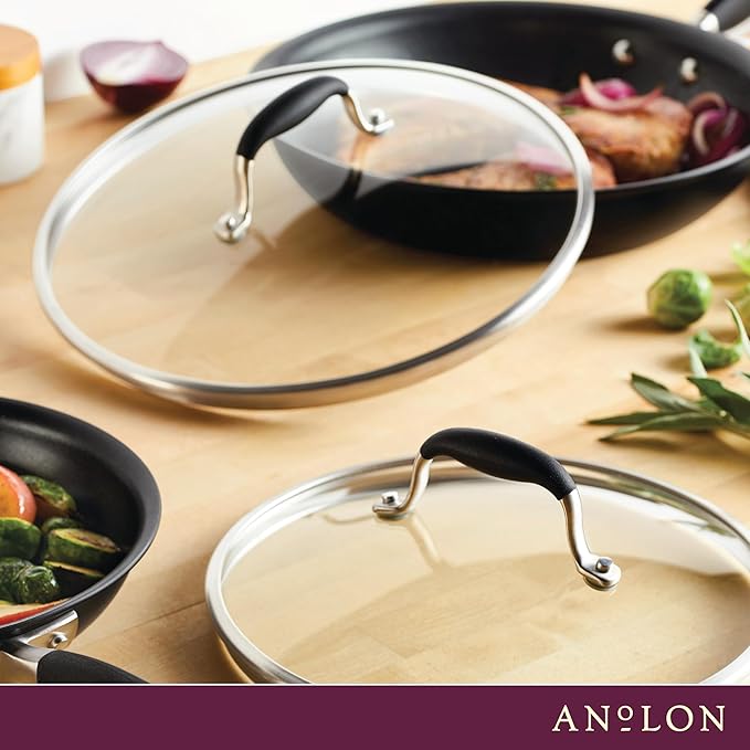 Anolon Advanced Home Glass Lids, Stainless Steel and Silicone Handles, 2 Piece, 10 Inch and 12 Inch Lid Set, Onyx