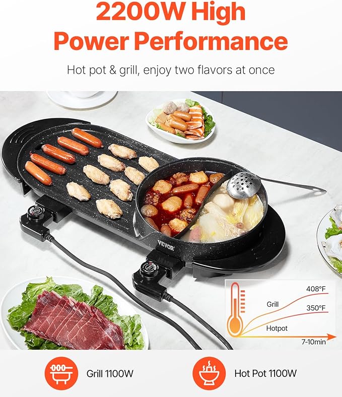 VEVOR Hot Pot with Grill, 2200W 2-in-1 Electric Smokeless Grill and Hot Pot, Korean BBQ Shabu Shabu Hotpot with Separate Dual Temperature Control, Non-stick Pan, for 1-6 People Family Dinning
