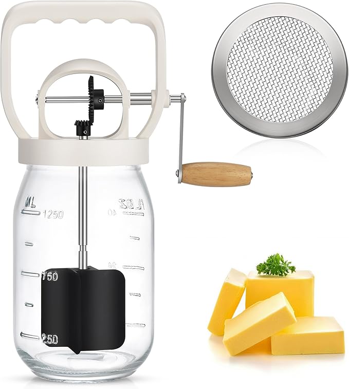 CAROD Classical Butter Churner, 1.5L Glass Jar with Hand Injury Prevention Device & Sifting Lid, 50oz Hand Crank Jar Maker Creates Fresh Homemade Butter within 15 Min, Ideal DIY Kitchen Gift