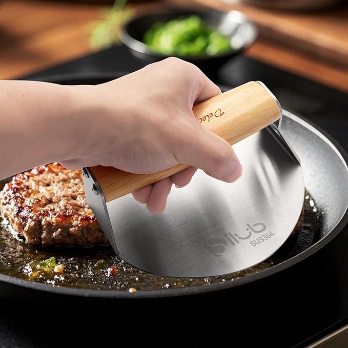 Smash Burger Press,304 Stainless Steel 6.0 Inches Round Hamburger Smasher with Anti Scald Wood Handle, Non-Stick Burger Press Perfect for Flat Top Griddle Grill Cooking