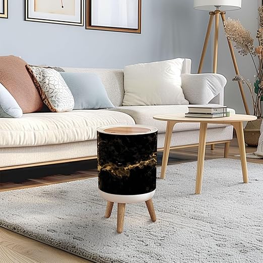 Trash Can with Lid Marble black wall surface gold graphic abstract light elegant black Press Top Round Small Garbage Bin with Wooden Legs Waste Basket for Kitchen Bedroom Nursery 7L/1.8 Gallon