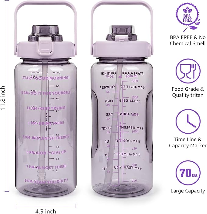 Half Gallon Water Bottle with Sleeve, Motivational Water Bottles with Time Marker/Straw, BPA Free Leakproof Large Sports Water Jug for Women Girls (Pure Purple)