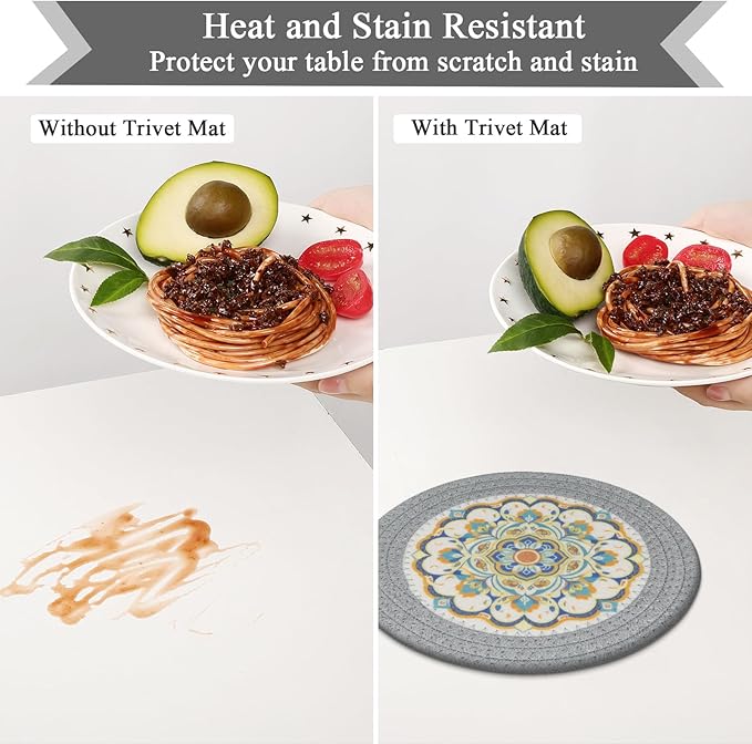SHACOS 8 Inches Trivets for Hot Dishes, 4 Pieces Cotton and Felt Floral Pattern Trivets Mats for Kitchen, Hot Pads for Countertops, Heat-Resistant Pot Holders for Hot Pots and Pans (Grey, 4pcs)