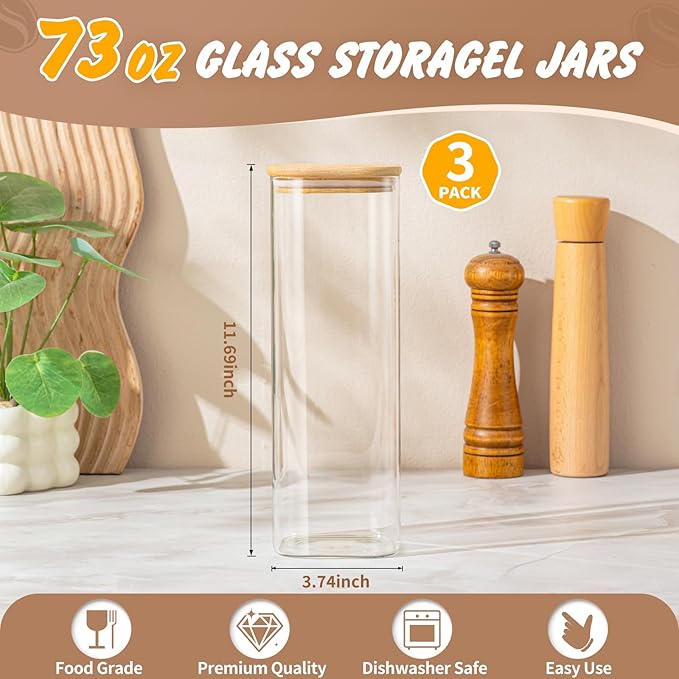 SENTVEND 73 Oz Glass Storage Jars with Bamboo Lids - 3 Pack Clear Glass Canisters Square Airtight Stackable Ideal for Pantry Storage Containers Great for Storing Oats Coffee Beans Pasta Flour Rice etc