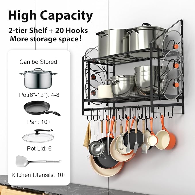 VyGrow 28 Inch Pot Rack Wall Mounted, 2 Tier Pots and Pans Organizer with 20 Hooks and 6 Pot Lid Holders, Heavy Duty Steel Pot and Pan Hanger for Kitchen Cookware Utensils Storage 34.7" Lx13 Wx26.4 H