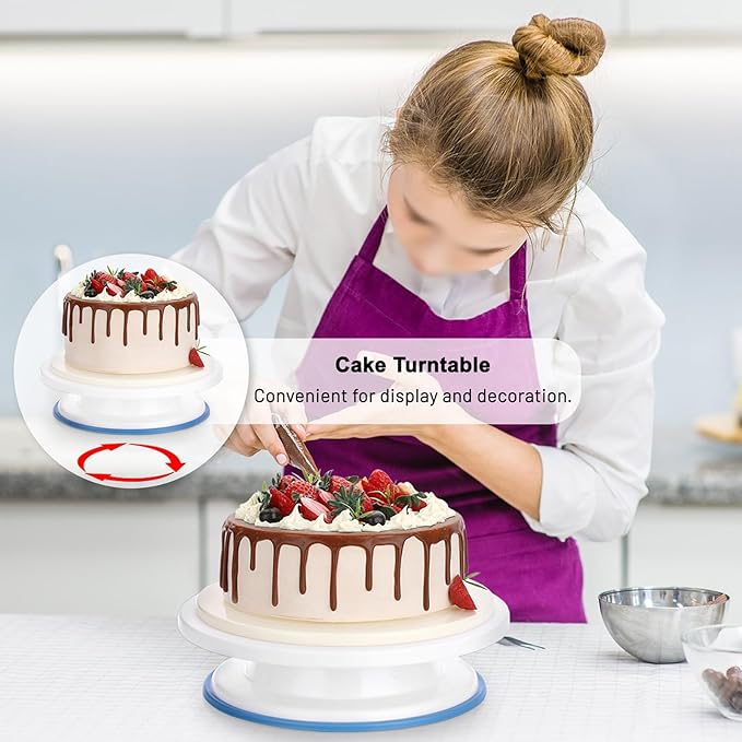 BSTKEY Portable Cake Carrier with Lid and Handle, Cake Turntable + Cupcake Storage Tray for Transport, 10" Round Cake Container Holder with Two Sided Base for Pies Nuts Fruit Cookies, White