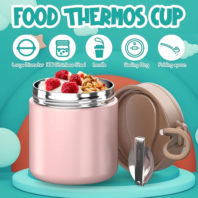 Insulated Food Jar for Kids - 15.2 Oz, Thermo for Hot Food, Soup Thermo, Insulated Food Container, Termos Para Comida Caliente, Width Mouth Stainless Steel Lunch Box with Spoon, Pink