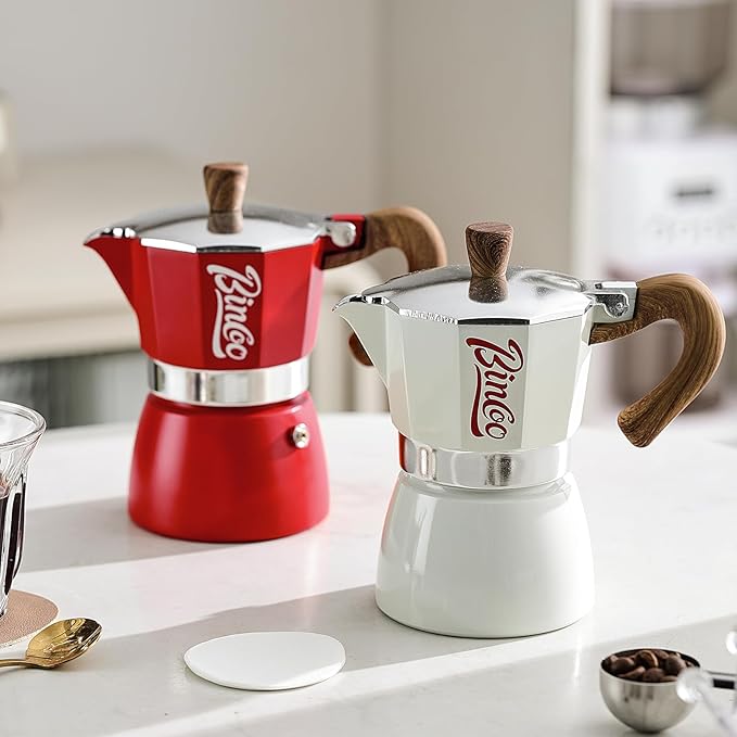 Bincoo Espresso Maker Stovetop, Moka Pot 3 Cups, Espresso Pot Classic Italian Coffee Maker,Single Safety Valve (Red, 3 Cup)