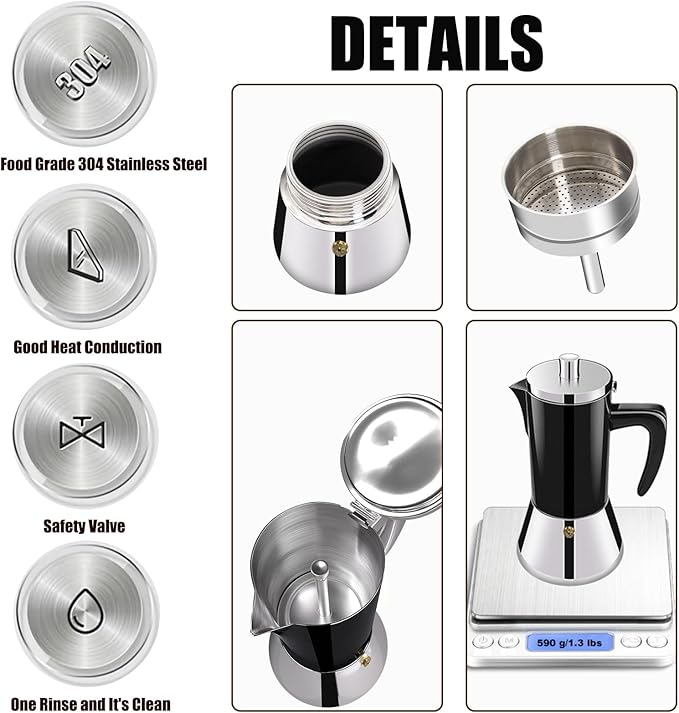4 Cup Thickened 304 Stainless Steel Moka Pot Stovetop Espresso Maker Cafeteras Italian Percolator Espress Makers Capable Greca Mocha Coffee Machine for Induction Home and Camping 200ml 6.6oz