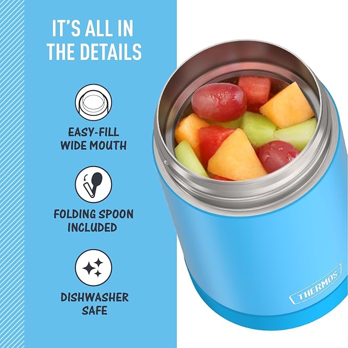 THERMOS FUNTAINER Insulated Food Jar, 16 Ounce, Kid Friendly Food Jar with Foldable Spoon, Denim Blue