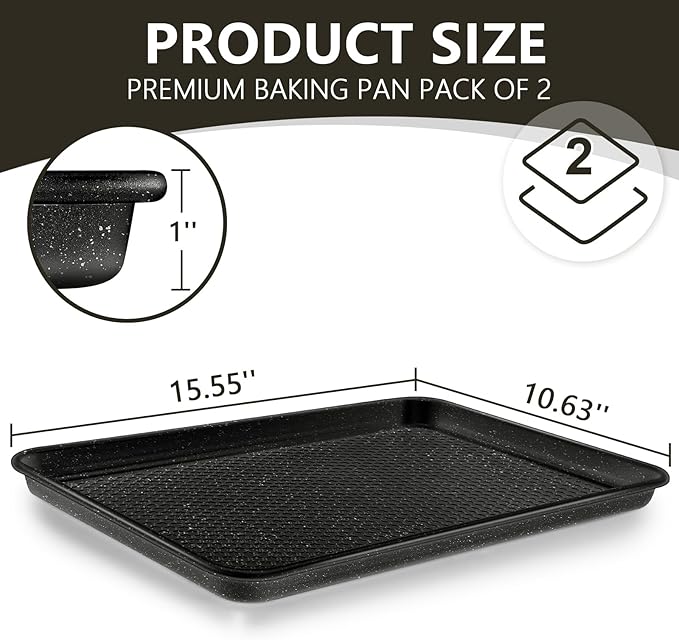 Wildone Baking Sheet Pan Set, Honeycomb Embossed Nonstick Baking Sheet 15x10 In, Thicker Carbon Steel Cookie Sheet, Even Heating Jelly Roll Pan, Black, 2 Pack
