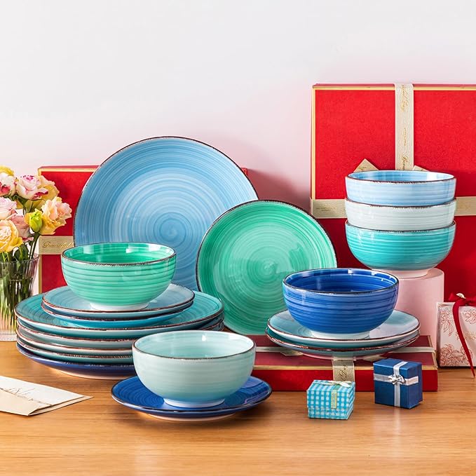vancasso Bonita Plates and Bowls Sets 18 Pieces Blue Stoneware Service for 6, Modern Round Dinnerware Sets, Hand-Painted Spiral Dishes Set-Microwave and Dishwasher Safe (Blue,18 Pcs)