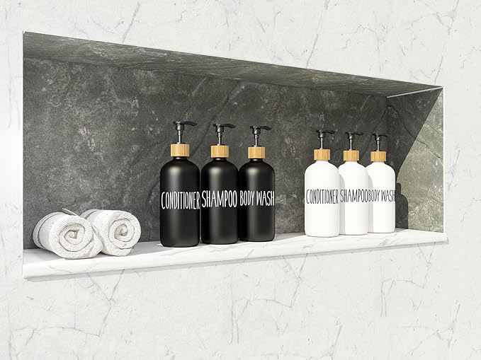 Shampoo and Conditioner Dispenser Set - Easy to Read Labels - Pump Bottle Dispenser for Shampoo, Conditioner, Body Wash - Glass Refillable Containers for Shower