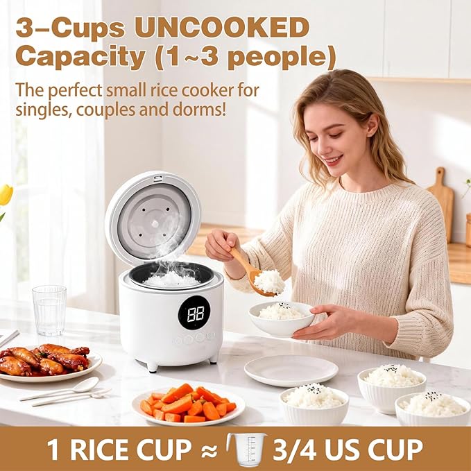 Mini Rice Cooker 2-Cup Uncooked / 4-Cup Cooked, 1.7Qt Portable Small Rice Maker with Auto Keep Warm & 24H Timer Delay for Oatmeal, Quinoa, Soup, Non-Stick Inner Pot Easy to Clean