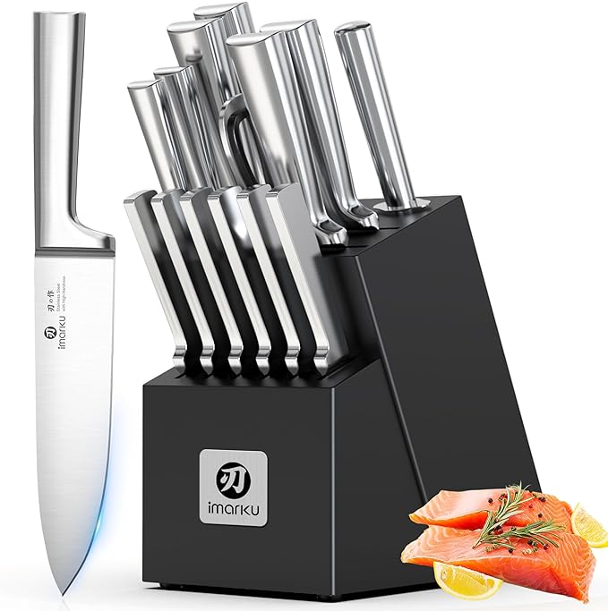 imarku 15-Piece Knife Block Set Built-in Sharpener, Japanese High Carbon Stainless Steel Kitchen Knife Set, Dishwasher Safe, Chef Knife Set with Wooden Knife Block, Steak Knives for Kitchen Cooking