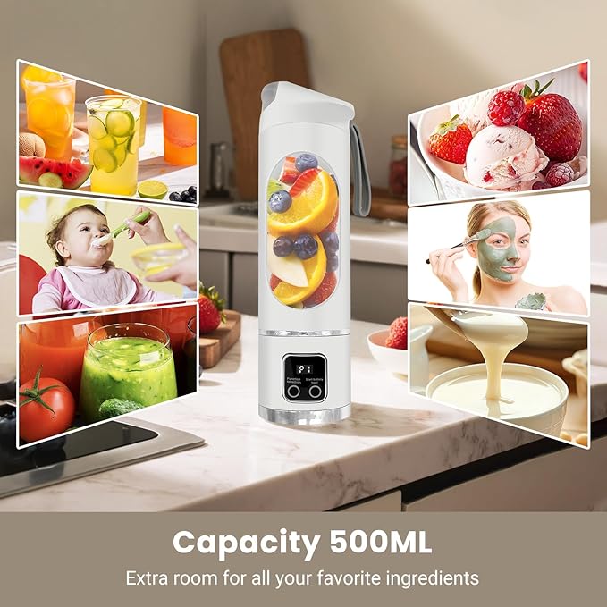 Portable Blender Personal Electric USB，500ML Portable juicer Shakes and Smoothies Blender，Small Blenders，Mixing，Compact、Convenient and Versatile (White)