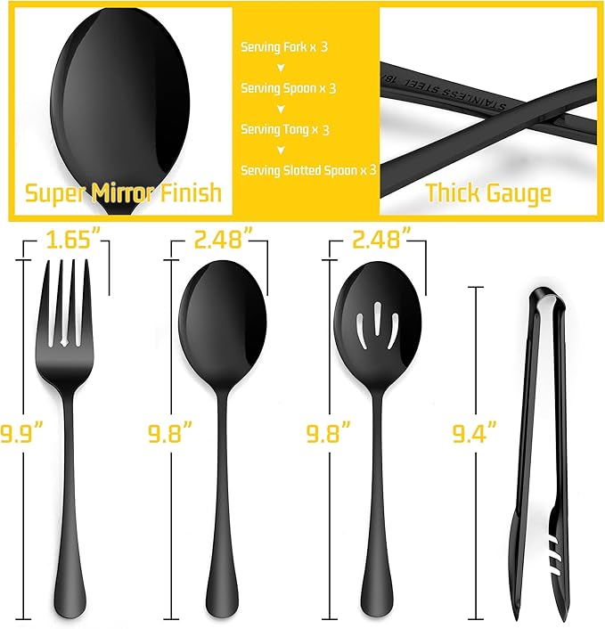 Large Black Serving Utensils Set of 12, E-far Stainless Steel 9.8 Inch Serving Spoons Slotted Spoon, 9.9 Inch Forks, 9.4 Inch Tong for Buffet Catering, Mirror Finish & Dishwasher Safe