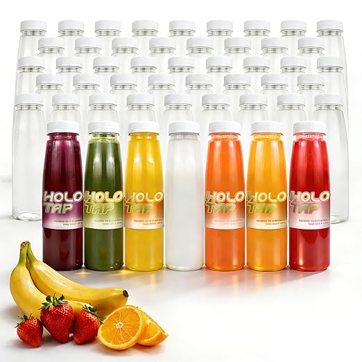 Holotap 48 Pcs 8 OZ Plastic Bottles with Caps, Empty PET Disposable Juice Bottles Bulk for Liquids with White Tamper Evident Lids (8 OZ, White)