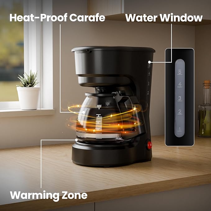 Kismile 5 Cup Coffee Maker, 0.75L Small Drip Coffee Machine with Anti-Drip Design, Dry Burn Protection, Removable Filter Funnel, Easy Mechanical Switch, Black