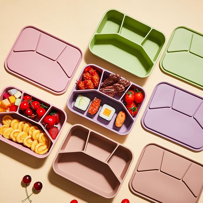 Ziliny 4 Pcs Silicone Bento Box Reusable Lunch Container Smooth Leak Proof Lunch Box Rectangle Bento Boxes for Adult Work Travel Food Meal Compartment Storage, 4 Colors(Pastel Color)