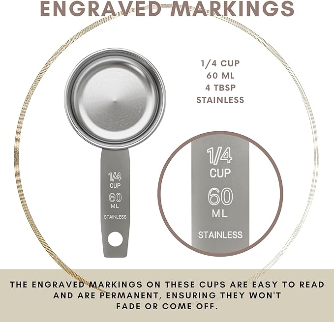 1/4 Cup Stainless Steel Measuring Cup | Sturdy Metal 60 ml | 60 cc | 2 oz | Single Cup for Wet and Dry Ingredients | Great for use as 1/4 Cup Dog Food Scoop - 4 PK