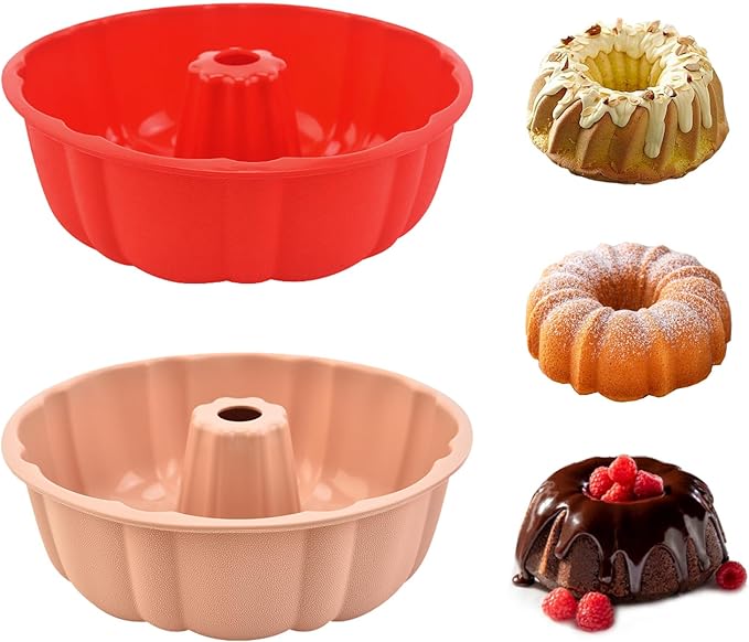 PADELE 2 Pack Silicone Cake Pan Nonstick,10 Inch, Silicone Cake Molds,Pound Pan, Baking Cake Pan for Jello,Gelatin,Cake,Brownie and Bread (Red+Pink)