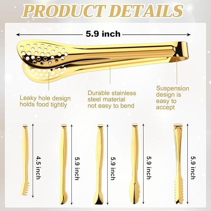 CHENGU 12 Pack Stainless Steel Tongs 6 Inches Food Serving Clip Kitchen Cooking Tongs High Heat Resistant Clips for Non Stick Cooking Grip for Ribs, Steak and Grill Salad