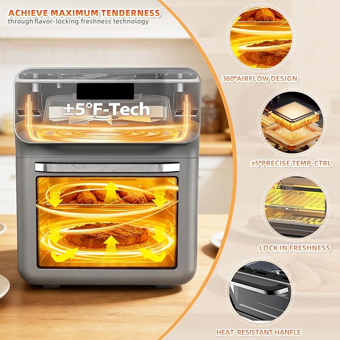 10 IN 1 Air Fryer Oven Combo, Countertop Convection Airfryer, Oven with Toaster Clear View Window for Family, 60-Minute Timer, Digital LED Touchscreen, Automatic Shut-Off, Stainless Steel